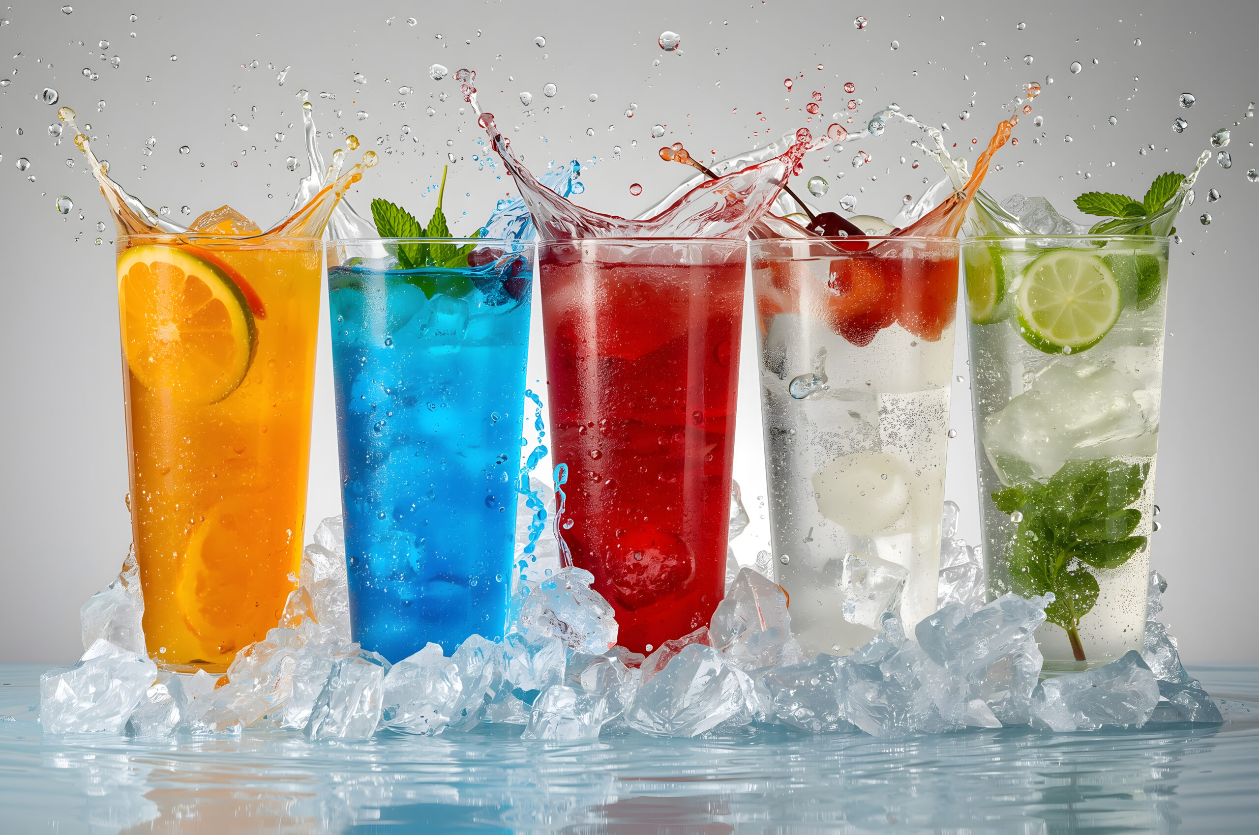 Copos coloridos de bebidas geladas com gelo e respingos, representando refrigerantes, drinks e bebidas refrescantes para lojas de conveniência, bares e food service.