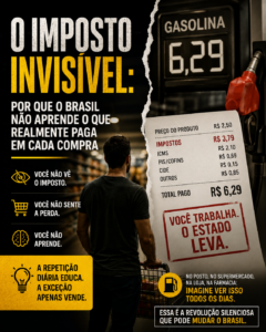 Imagem em estilo cinematográfico e impactante sobre impostos invisíveis no Brasil. A arte mostra um consumidor em um supermercado observando um cupom fiscal onde os impostos aparecem destacados separadamente do preço do produto. Ao lado, uma bomba de combustível reforça a relação com o custo da gasolina. O título principal diz “O Imposto Invisível” e a composição visual utiliza cores escuras, amarelo e vermelho para transmitir tensão econômica e conscientização tributária.