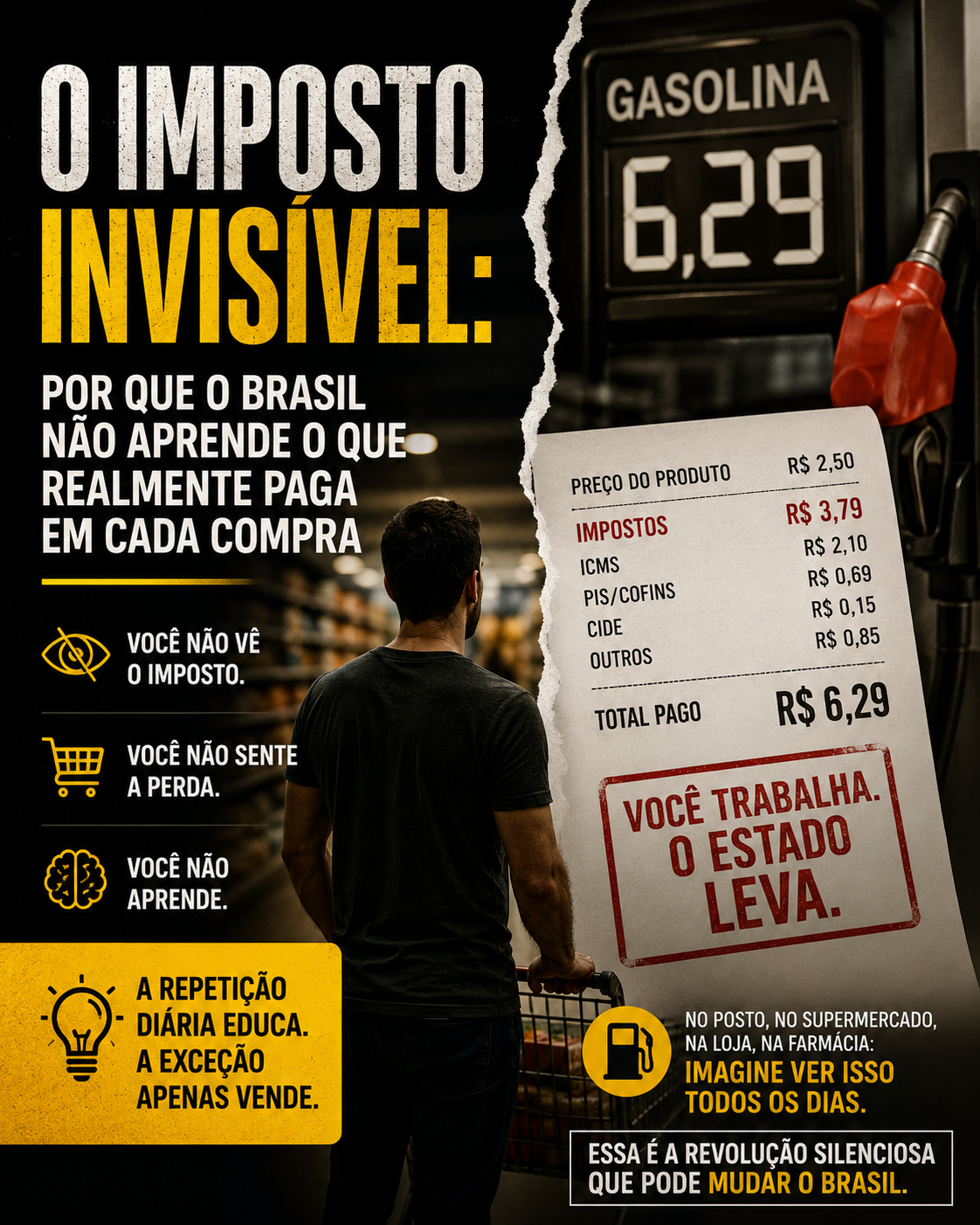 Imagem em estilo cinematográfico e impactante sobre impostos invisíveis no Brasil. A arte mostra um consumidor em um supermercado observando um cupom fiscal onde os impostos aparecem destacados separadamente do preço do produto. Ao lado, uma bomba de combustível reforça a relação com o custo da gasolina. O título principal diz “O Imposto Invisível” e a composição visual utiliza cores escuras, amarelo e vermelho para transmitir tensão econômica e conscientização tributária.