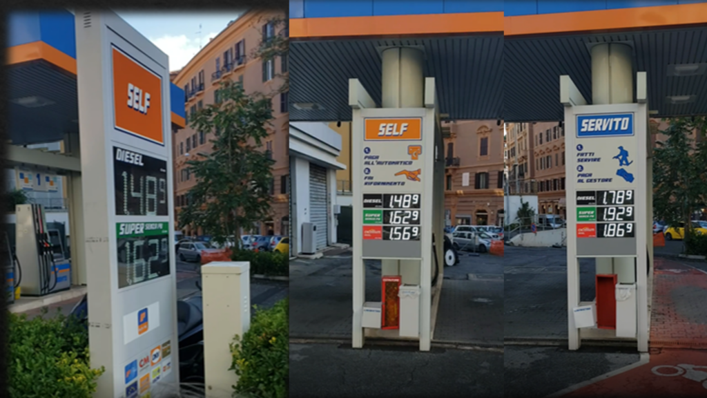 Posto de combustíveis com modelo híbrido em Roma Itália com autoatendimento e atendimento por frentista com preços diferentes