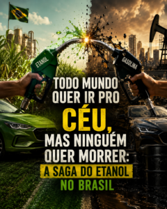 Ilustração de um confronto entre uma bomba de etanol e uma bomba de gasolina com o título: "Todo mundo quer ir pro céu, mas ninguém quer morrer: a saga do etanol no Brasil".
