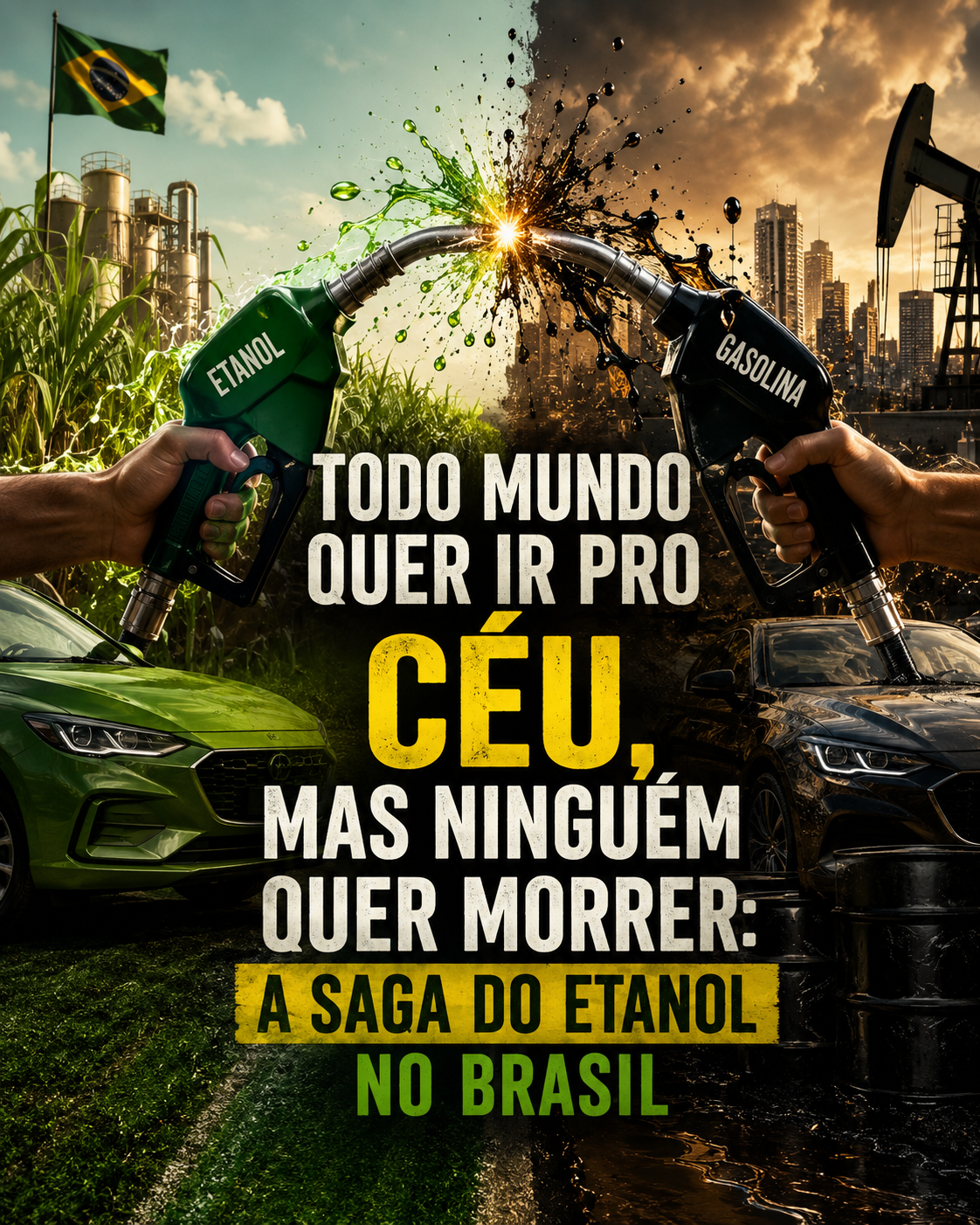 Ilustração de um confronto entre uma bomba de etanol e uma bomba de gasolina com o título: "Todo mundo quer ir pro céu, mas ninguém quer morrer: a saga do etanol no Brasil".